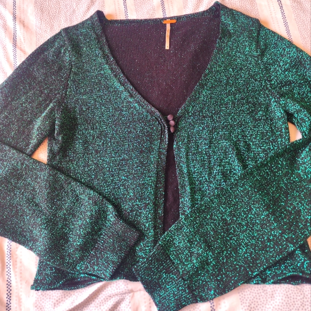 Free People Green Sparkly Cardigan Top - Picture 5 of 8